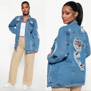 Fashion Nova Jean Jacket Womens S Light Wash Denim Distressed Oversized Festival